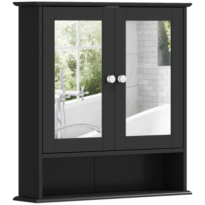 kleankin Medicine Cabinet, Wall-Mounted Bathroom Mirror Cabinet with Double Doors, Open Shelf, and Adjustable Shelf, Modern Bathroom Wall Cabinet, Black