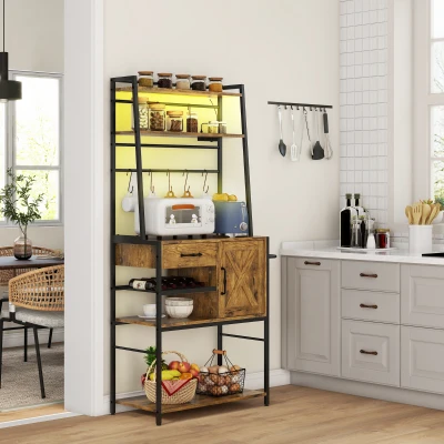 HOMCOM Kitchen Storage Rack w/ Barn Door & LED Lights, Rustic Brown