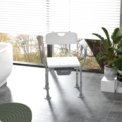 HOMCOM 3-in-1 Shower Chair with Back, Adjustable Bedside Commode, Raised Toilet Seat w/ Rubber Foot Pad for Seniors, Disabled