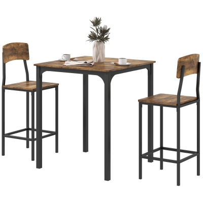 HOMCOM 3 Piece Pub Table Set with 2 Stools, Rustic Brown/Black