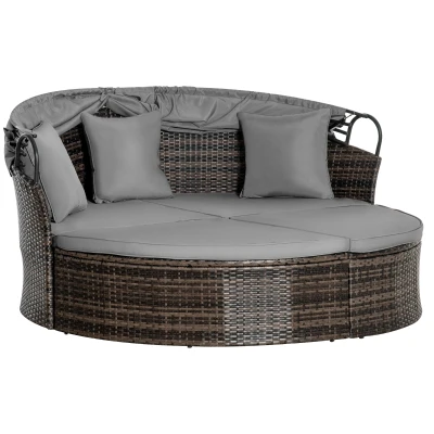 Outsunny 2 Pcs Rattan Outdoor Daybed with Retractable Canopy, Wicker Round Patio Daybed Set with Cushions & Pillows, Mixed Grey