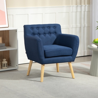 HOMCOM Linen Upholstery Armchair, Mid-Century Modern Accent Chair with Wood Frame and Thick Padding, Blue
