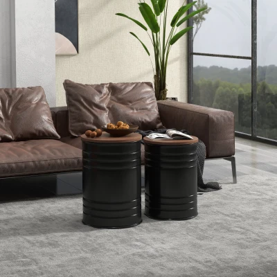 HOMCOM Round Nesting Storage Ottomans Set of 2 with Wooden Lid