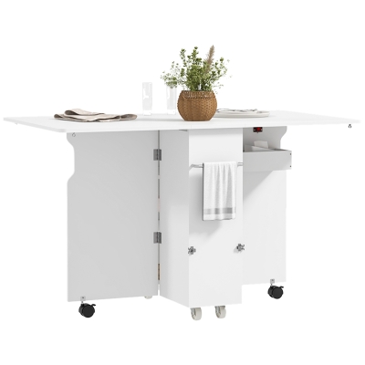 HOMCOM Folding Dining Table with Storage, Drop Leaf Kitchen Table on Wheels with Box, Shelves and Towel Racks, White