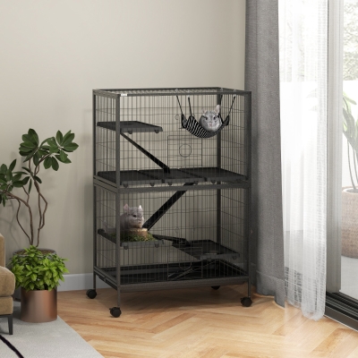 PawHut 5-Tier Rolling Small Animal Cage, Deluxe Guinea Pig Cage, Ferret Cage for Mink Chinchilla Kitten Rabbit, Grey