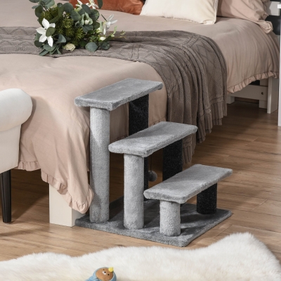 PawHut Cat Stairs for Bed, Couch 3 Steps, Small Cat Tree for Indoor Cats with Scratching Posts Toy Ball, 17.5" x 15.5" x 19"
