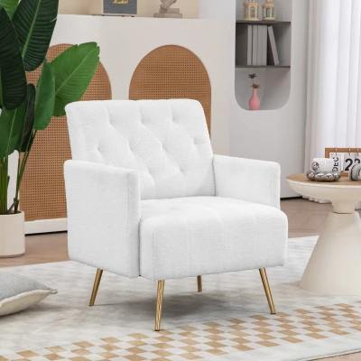 HOMCOM Modern Sherpa Accent Chair, Tufted Armchair with Gold Legs, White