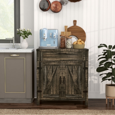 HOMCOM Farmhouse Kitchen Storage Cabinet, Sideboard Buffet Cabinet with 2 Rustic Barn Doors and Drawer, Dark Oak