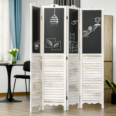 HOMCOM 4-Panel Folding Privacy Screen with Blackboard, 5.5 Ft, White