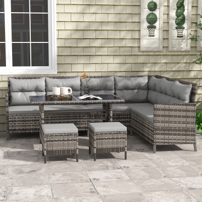 Outsunny 6pcs Outdoor Rattan Sofa Set Garden Wicker Sectional Couch Furniture Set with Dining Table and Chair Grey