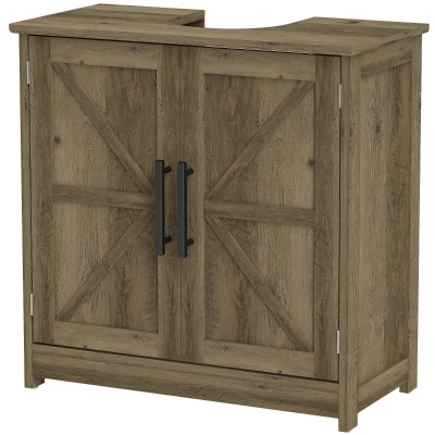 HOMCOM Farmhouse Sink Cabinet with Barn Doors & Shelf, Light Gray