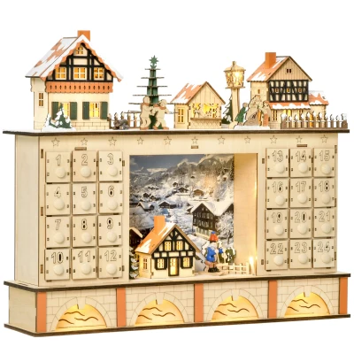 HOMCOM Christmas Advent Calendar, 2022 Light Up Table Xmas Wooden Store Holiday Decoration with Countdown Drawer, Village, for kids Adults, Natural Wood Color