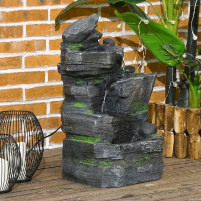 Outsunny 4-Tiered Rock Outdoor Water Fountain with LED Lights, Adjustable Flow, 22.4-inch Resin Waterfall Fountain