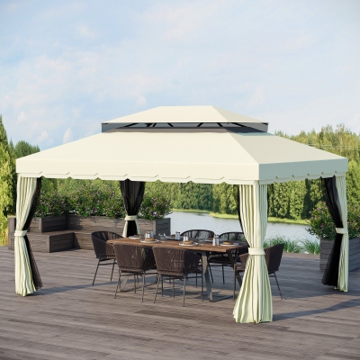 Outsunny 10 x 13ft Aluminum Frame Gazebo Canopy Double Tier Garden Shelter with Netting and Curtains, Cream White
