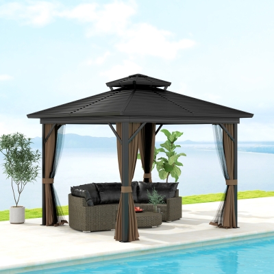 Outsunny 10' x 10' Hardtop Gazebo, Sun Shelter with Double Tier Metal Roof, Mosquito Netting, and Hanging Hook, Dark Brown
