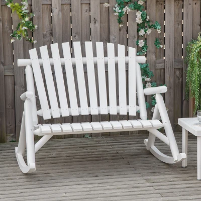 Outsunny Outdoor Wooden Rocking Chair, 2-Person Rustic Adirondack, White