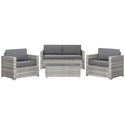 Outsunny 4 Pieces Patio Wicker Sofa Set, Outdoor PE Rattan Extra Wide Seat Conversation Furniture w/ Tempered Glass Table-top & Thick Padded Cushion for Garden, Backyard, Lawn, Mixed Grey