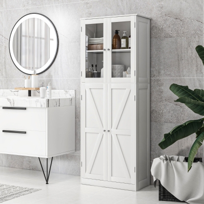 HOMCOM Tall Bathroom Storage Cabinet, Modern Bathroom Cabinet with Glass and Barn Doors, 5-Tier Floor Cabinet, White