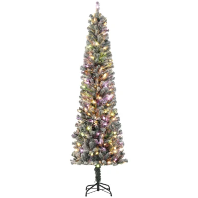 HOMCOM 7.5ft Prelit Pencil Artificial Christmas Tree, Flocked Xmas Tree with Remote, Dual Colour LEDs, 519 Tips, Metal Stand