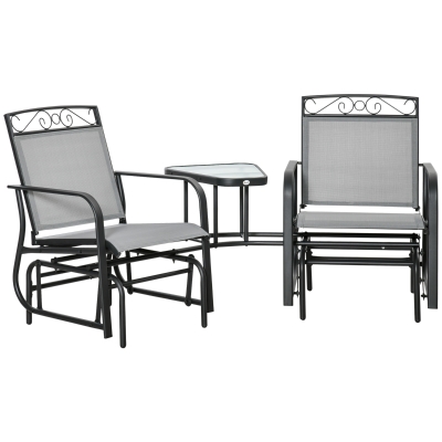Outsunny Outdoor Glider Bench with Coffee Table, Patio 2-Seat Rocking Chair Swing Loveseat with Breathable Sling for Backyard Garden Porch, Light Grey