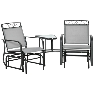 Outsunny Outdoor Glider Bench with Coffee Table, Patio 2-Seat Rocking Chair Swing Loveseat with Breathable Sling for Backyard Garden Porch, Light Grey