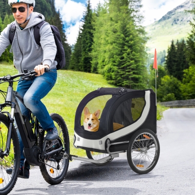Aosom Dog Bike Trailer, Pet Cart Bicycle, Wagon Cargo Carrier Attachment with Hitch, Reflectors, Flag for Medium Dogs, Pet Wheelchair for Travelling, White