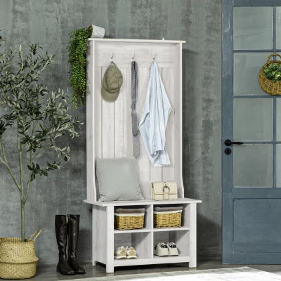 HOMCOM Hall Tree Entryway Bench with Shoe Storage, Distressed White