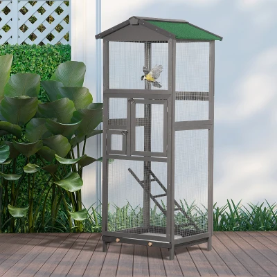 PawHut 65" Wooden Bird Cage Aviary for Parrots, Gray