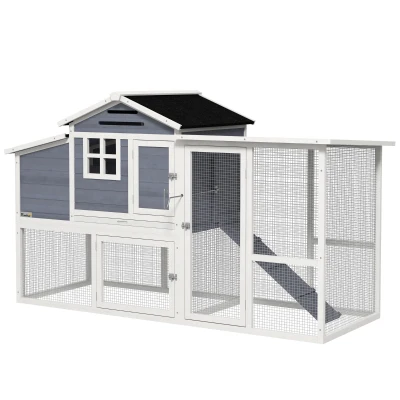 PawHut 76" Wooden Chicken Coop with Outdoor Run, Nesting Box, Removable Tray and Lockable Doors, Grey