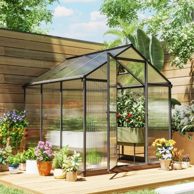 Outsunny 6' x 8' x 6.4' Polycarbonate Greenhouse, Aluminum Walk-In Green House Kit Garden, Plants Grow with Rain Gutter and Roof Vent, Charcoal Grey