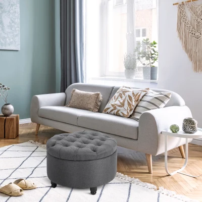 HOMCOM Round Fabric Storage Ottoman, Button Tufted, Gray