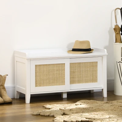 HOMCOM Shoe Storage Bench with Rattan Sliding Doors, White
