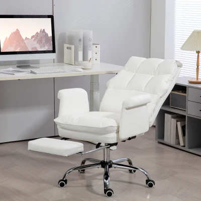 HOMCOM PU Leather Ergonomic Reclining Office Chair with Footrest, White
