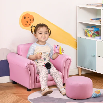Qaba Kids Sofa Set, Upholstered Armchair with Footstool, Pink