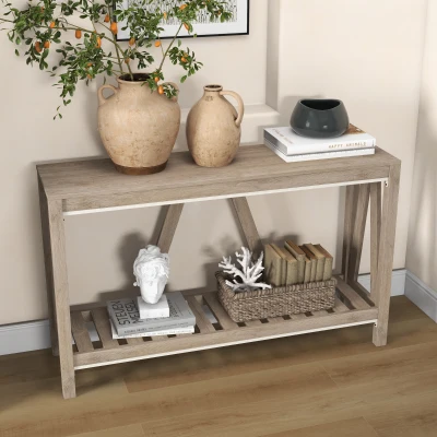 HOMCOM Farmhouse Console Table with Storage Shelf, Gray