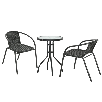 Outsunny 3 Pieces Outdoor Wicker Furniture Set with 2 Stackable Chairs, Tempered Glass Coffee Table for Garden, Backyard, Black