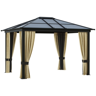 Outsunny 10' x 12' Hardtop Gazebo Canopy with Polycarbonate Roof, Aluminum Frame, Permanent Pavilion Outdoor Gazebo with Netting, for Patio, Garden, Backyard, Deck, Lawn, Black, Beige