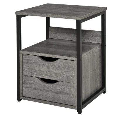 HOMCOM Nightstand with 2 Drawers, Industrial Side Table with Storage Shelf, Accent End Table for Bedroom, Living Room, Grey
