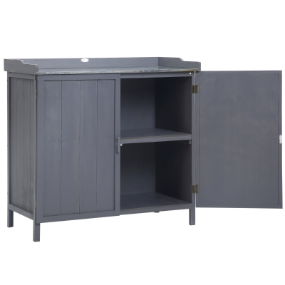 Outsunny Garden Storage Cabinet, Outdoor Potting Bench Table with Galvanized Top and Shelf, Tool Shed with Double Doors, Grey