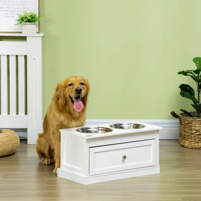PawHut Large Elevated Dog Bowl Stand with Storage Drawer, White