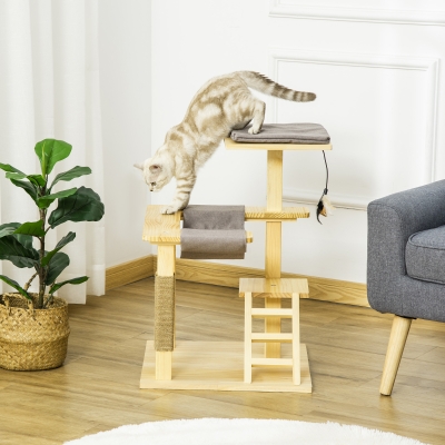 PawHut 25.5" Cat Tree Kitty Activity Center Pinewood Cat Climbing Toy Indoor Outdoor Pet Furniture with Jute Scratching Post Bed Perch Hanging Toy Ladder Cushion Natural