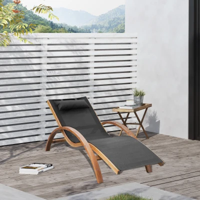 Outsunny Outdoor Chaise Lounge Chair, Wood with Pillow, Curved Design