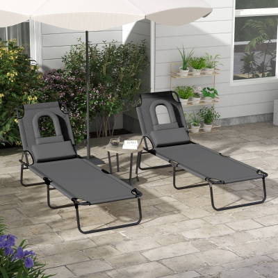 Outsunny 2PCS Adjustable Outdoor Lounge Chair, Garden Folding Chaise Lounge with Face Hole Reclining Tanning Chair Seat, Folding Camping Beach Lounging Bed w/ Head Support Grey