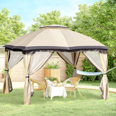 Outsunny 12' x 10' 2-Tier Outdoor Gazebo Canopy Tent for Patio with Zippered Mesh Sidewalls, Solid Steel Frame, Arched Roof, Beige