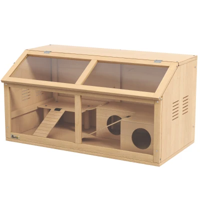 PawHut Rat Cage, Hamster Cage Wooden with Suspension Bridge, Ladders, Openable Top, Hut, Platform, for Gerbils Mice
