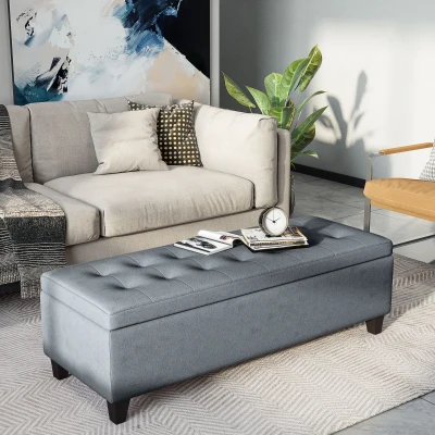 HOMCOM 51" Tufted Ottoman Storage Bench, Linen Fabric, Gray