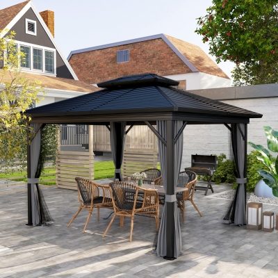 Outsunny 10' x 12' Hardtop Gazebo, Sun Shelter with Double Tier Metal Roof, Mosquito Netting, and Hanging Hook, Light Grey