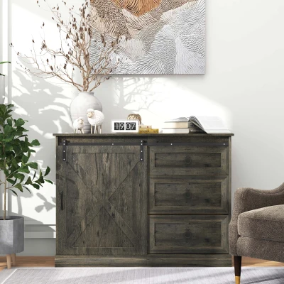 HOMCOM Farmhouse Kitchen Sideboard with Sliding Barn Door, Dark Grey
