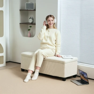 HOMCOM 44" Corduroy Storage Ottoman Bench, Beige