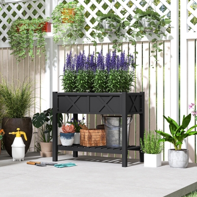 Outsunny Wooden Raised Garden Bed, Elevated Planter Box with Storage Shelf, Drainage Holes and Liner, 34" x 18" x 30", Black